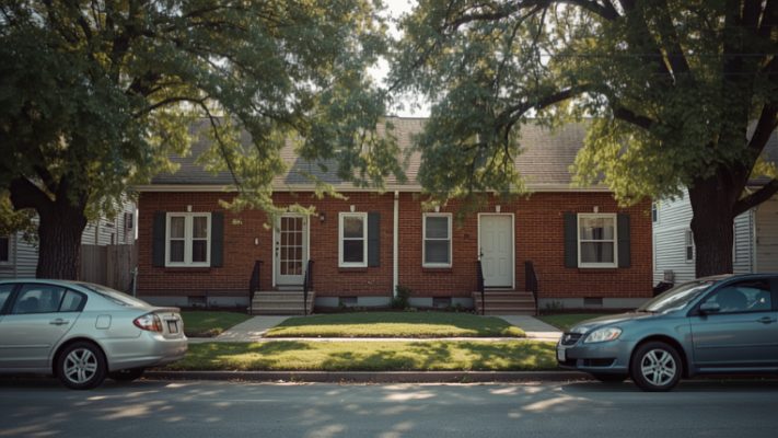 A brick duplex with two front doors on a shaded small-town street.